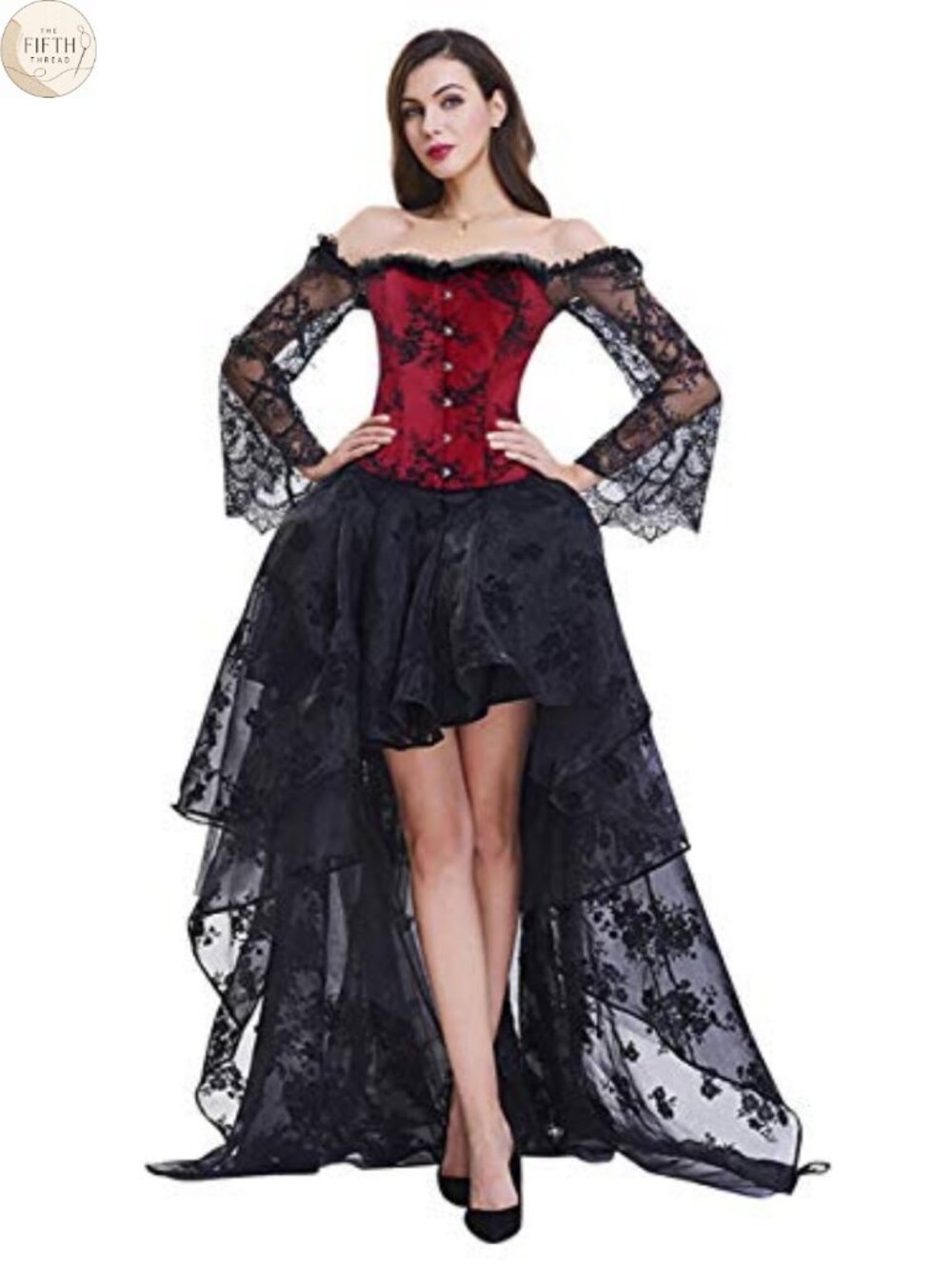 Steampunk Victorian Corset Top Off Shoulder High Low Skirt Costume Set